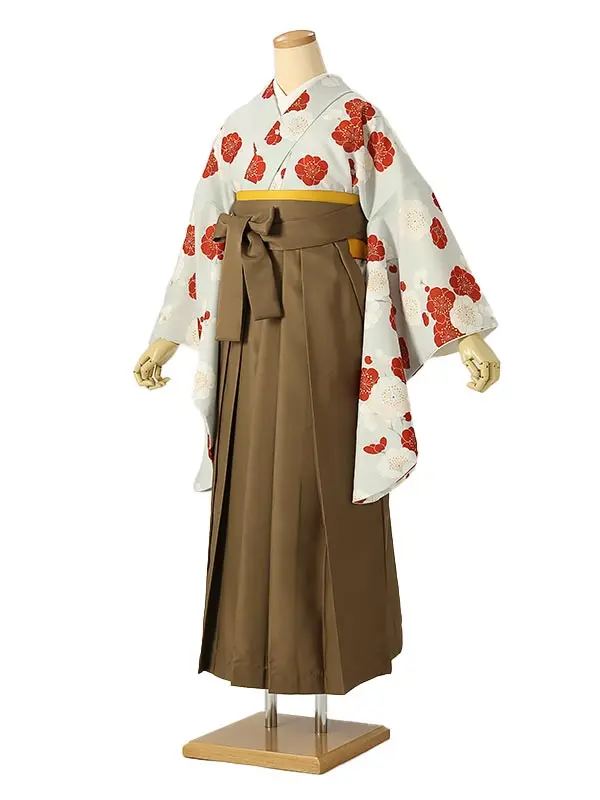 小学校卒業式ジュニア袴女0202 薄グレー 赤 椿