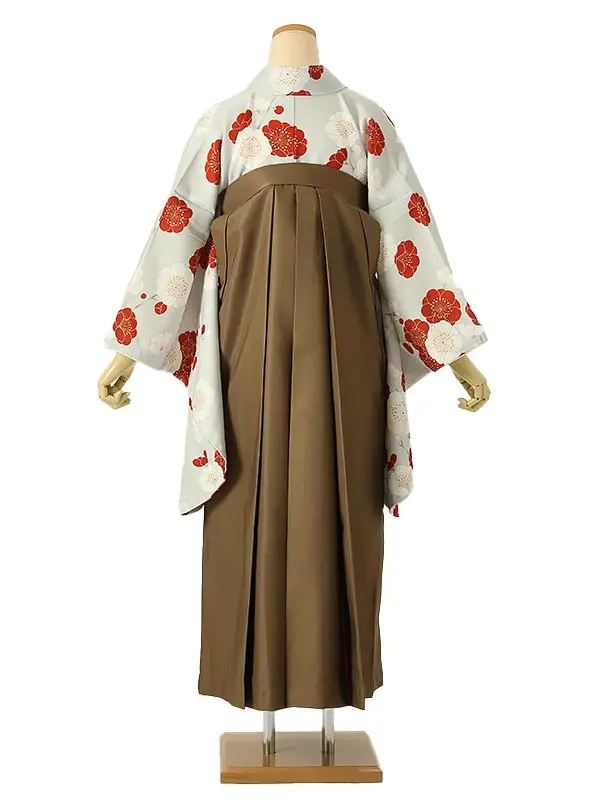 小学校卒業式ジュニア袴女0202 薄グレー 赤 椿