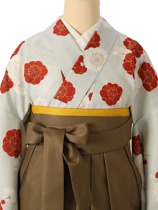 小学校卒業式ジュニア袴女0202 薄グレー 赤 椿