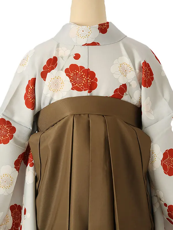 小学校卒業式ジュニア袴女0202 薄グレー 赤 椿