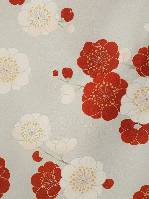 小学校卒業式ジュニア袴女0202 薄グレー 赤 椿