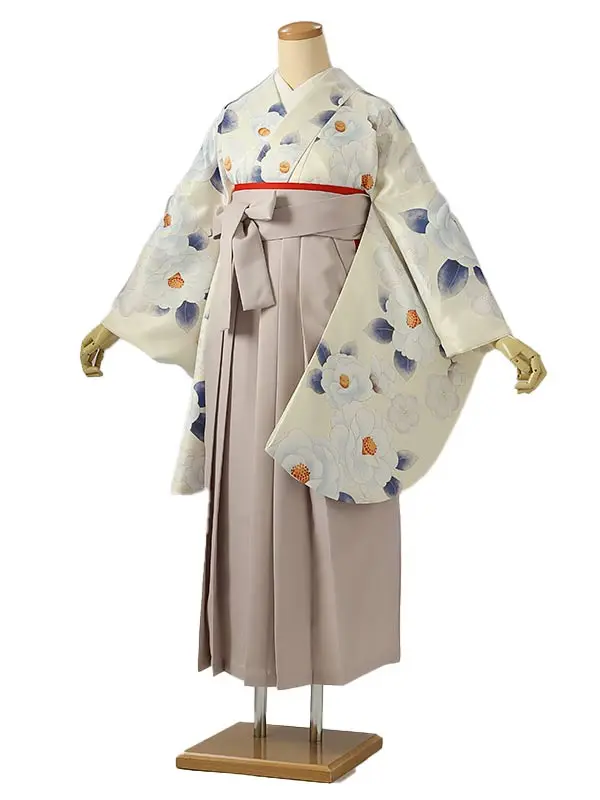 小学校卒業式ジュニア袴女0209 アイボリー 青 椿