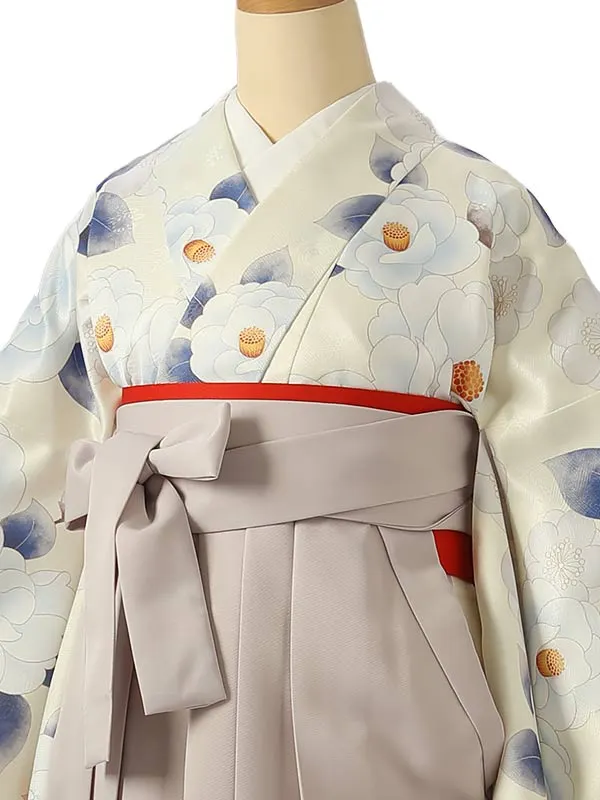 小学校卒業式ジュニア袴女0209 アイボリー 青 椿