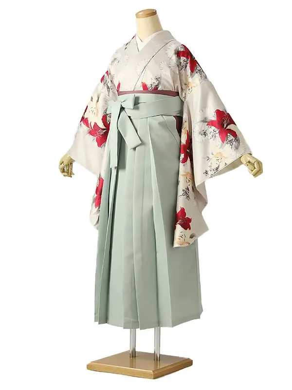 小学校卒業式ジュニア袴女0212 ベージュ 赤 百合