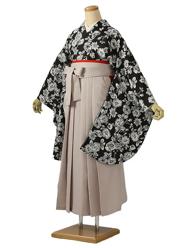 小学校卒業式ジュニア袴女0219 黒 グレー 花模様