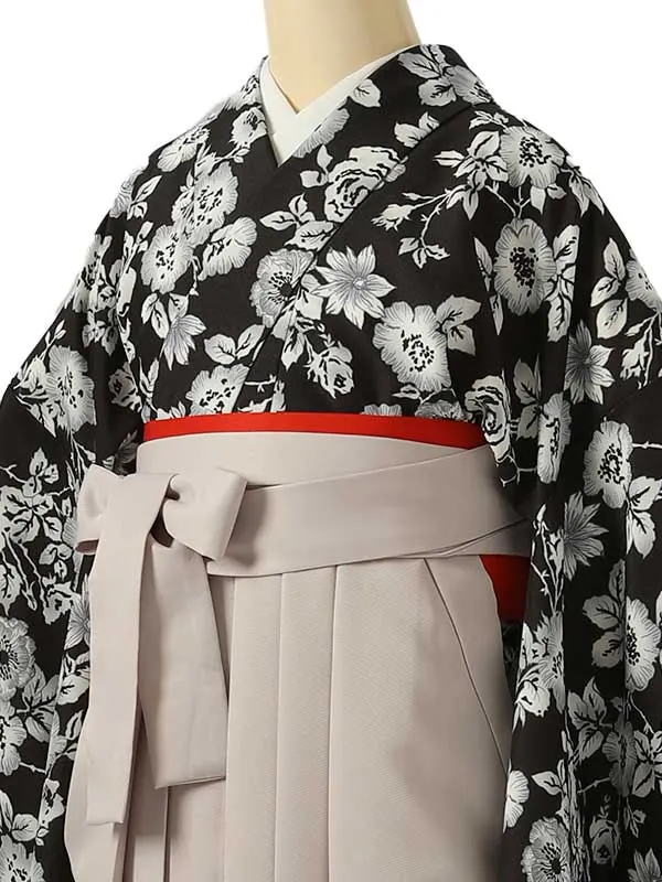 小学校卒業式ジュニア袴女0219 黒 グレー 花模様