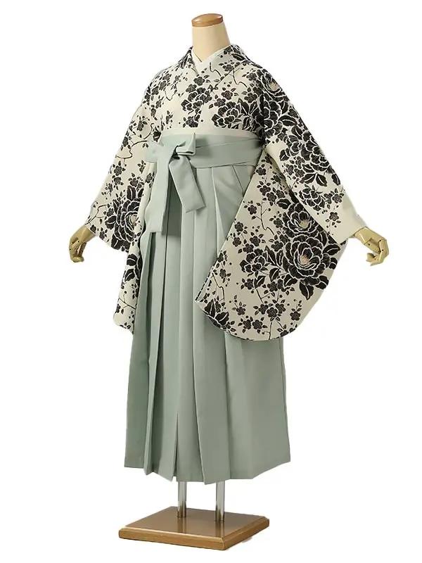 小学校卒業式ジュニア袴女0220 アイボリー 黒 牡丹