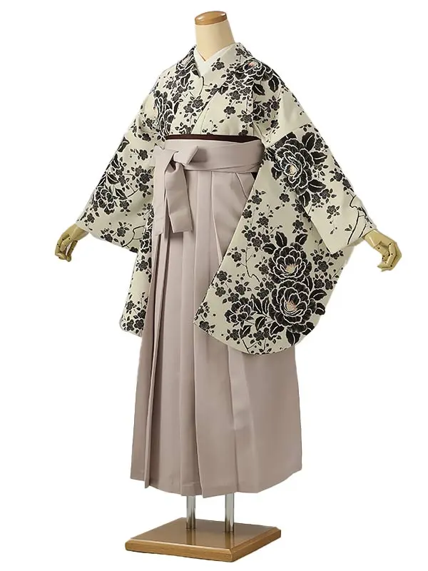 小学校卒業式ジュニア袴女0221 アイボリー 黒 牡丹