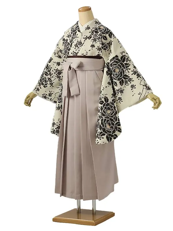 小学校卒業式ジュニア袴女0221 アイボリー 黒 牡丹