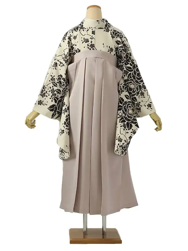 小学校卒業式ジュニア袴女0221 アイボリー 黒 牡丹