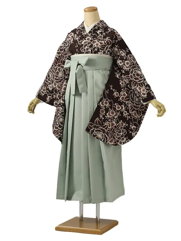 小学校卒業式ジュニア袴女0223 こげ茶 白 牡丹
