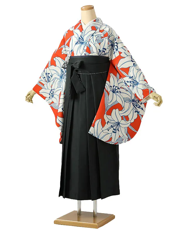 小学校卒業式ジュニア袴女0228 オレンジ アイボリー 百合
