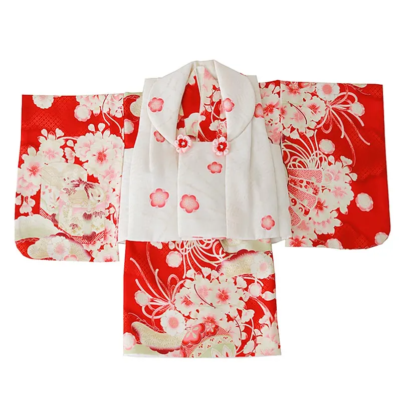 ベビー着物（女）0015 被布 セパレート 白×赤  花模様  華徒然