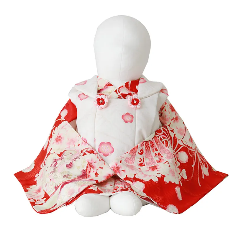 ベビー着物（女）0019 被布 セパレート 白×赤  花模様  華徒然