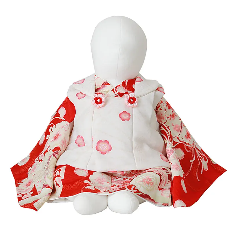 ベビー着物（女）0019 被布 セパレート 白×赤  花模様  華徒然