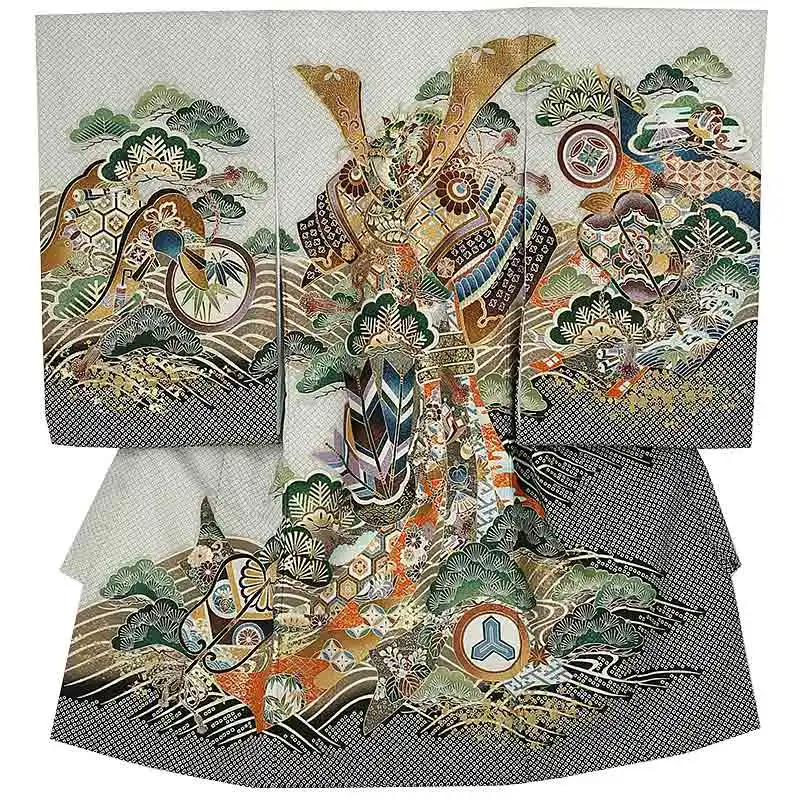 男児産着(夏)0054 グレー 兜 矢 絞り柄