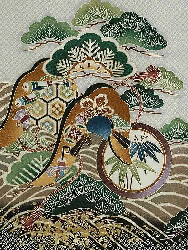 男児産着(夏)0054 グレー 兜 矢 絞り柄