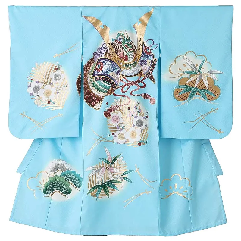 男児産着(夏)0056 水色 兜 松