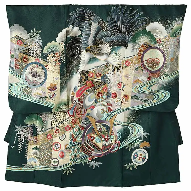 男児産着(夏)0062 濃緑 鷹 小鎚 兜