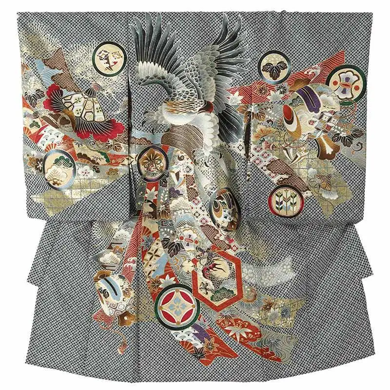 男児産着(夏)0069 紺 鷹 熨斗 絞り柄