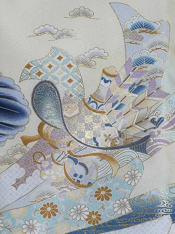 男児産着(夏)0079 白 水色 鷹 兜 熨斗