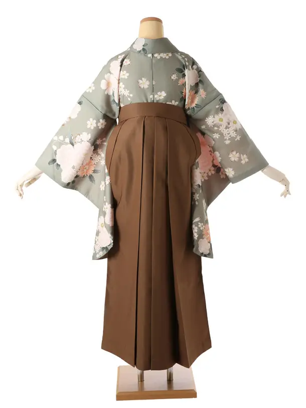 卒業袴0148緑地菊に芍薬と桜/茶袴