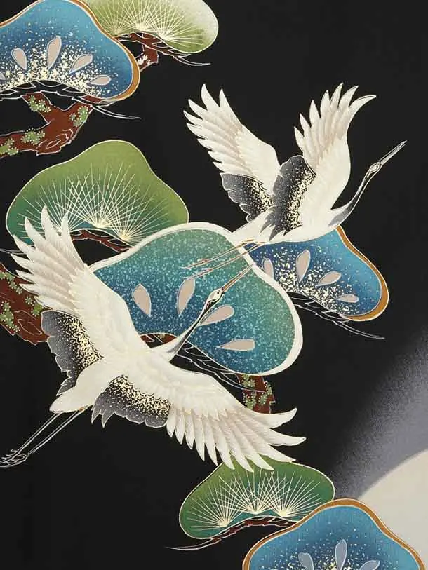 お宮参り男の子74-レ50黒地に兜に鶴に松