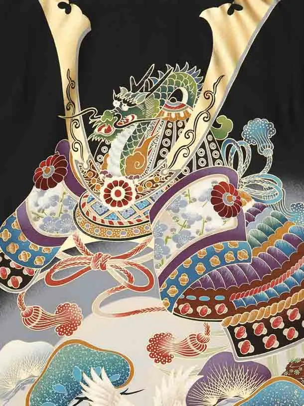 お宮参り男の子74-レ50黒地に兜に鶴に松