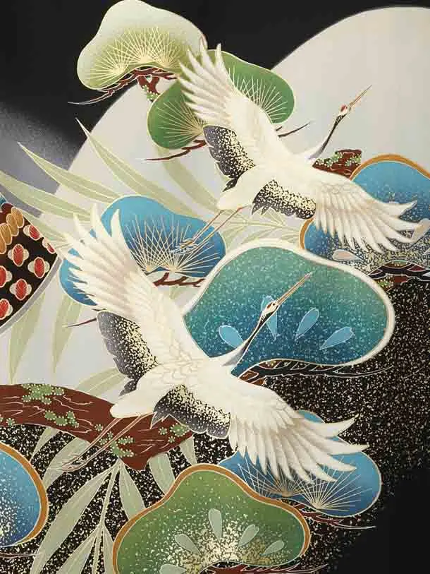 お宮参り男の子74-レ50黒地に兜に鶴に松