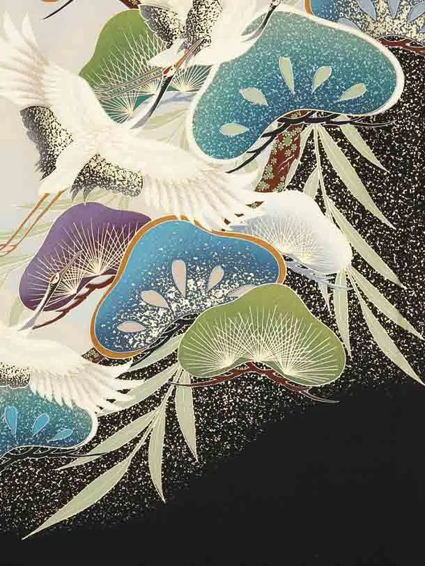 お宮参り男の子74-レ50黒地に兜に鶴に松