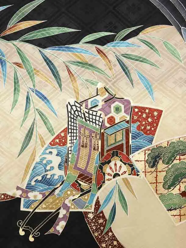 お宮参り男の子76-レ52黒武田菱地に鷹に熨斗目と御所車松