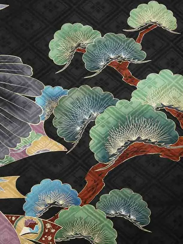 お宮参り男の子76-レ52黒武田菱地に鷹に熨斗目と御所車松