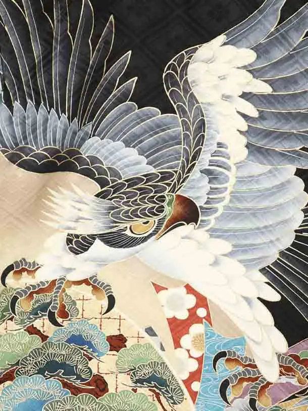 お宮参り男の子76-レ52黒武田菱地に鷹に熨斗目と御所車松