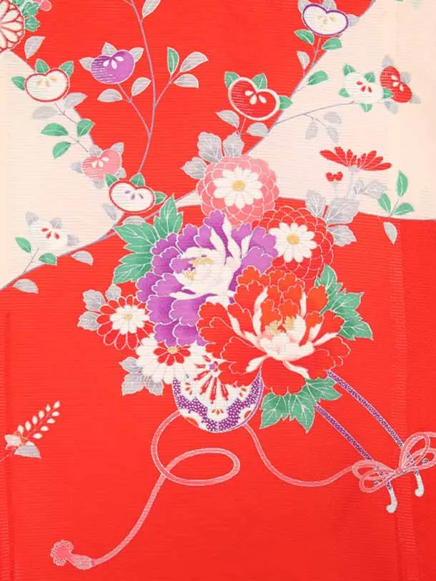 夏用お宮参り女の子7レ52正絹赤地に花車毬ねじり梅