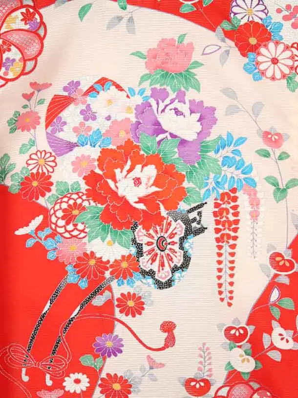 夏用お宮参り女の子7レ52正絹赤地に花車毬ねじり梅