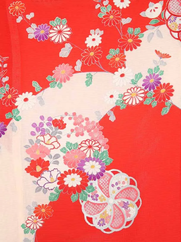 夏用お宮参り女の子7レ52正絹赤地に花車毬ねじり梅