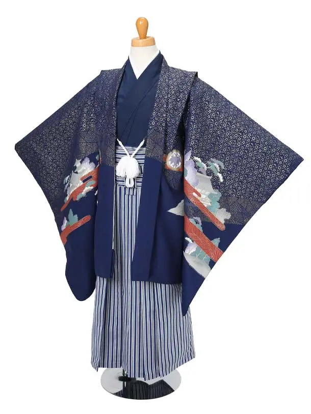 かんたん着物七五三（5歳6歳男袴）レ321紺金地に鷹富士山