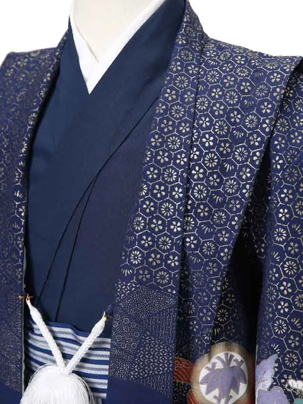 かんたん着物七五三（5歳6歳男袴）レ321紺金地に鷹富士山