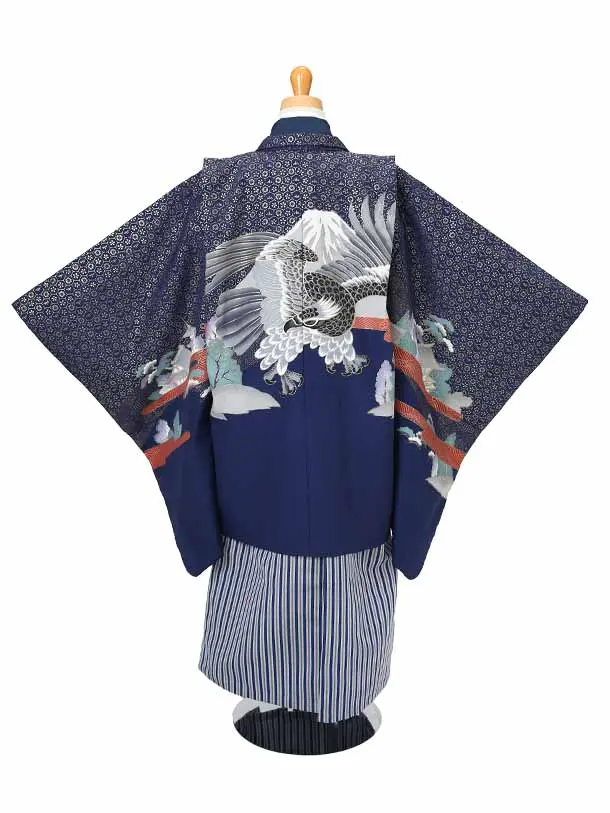 かんたん着物七五三（5歳6歳男袴）レ321紺金地に鷹富士山