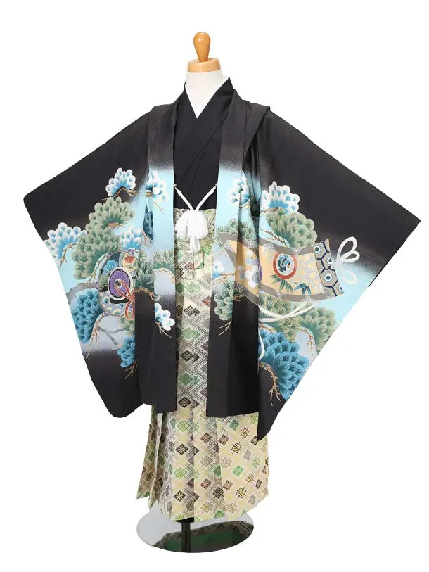 かんたん着物七五三（5歳男袴）レ325黒鷹に熨斗目松梅