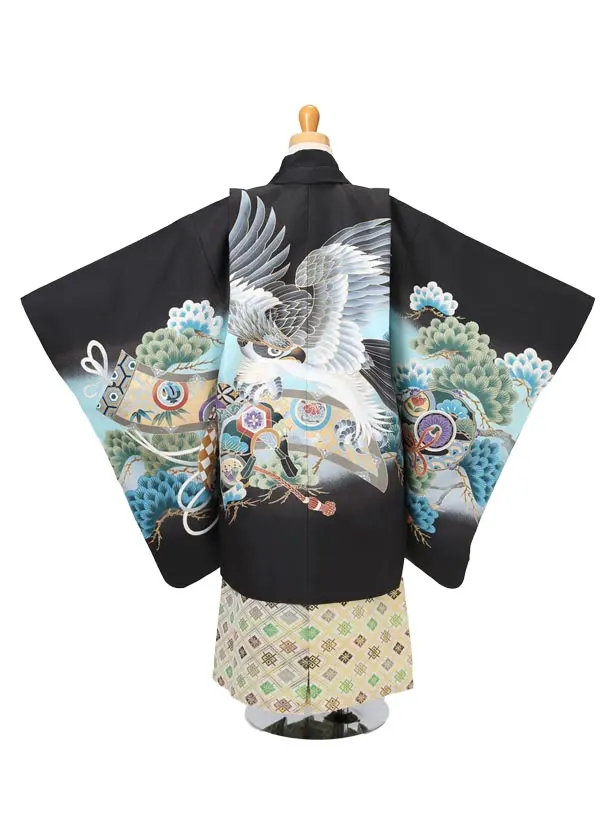 かんたん着物七五三（5歳男袴）レ325黒鷹に熨斗目松梅