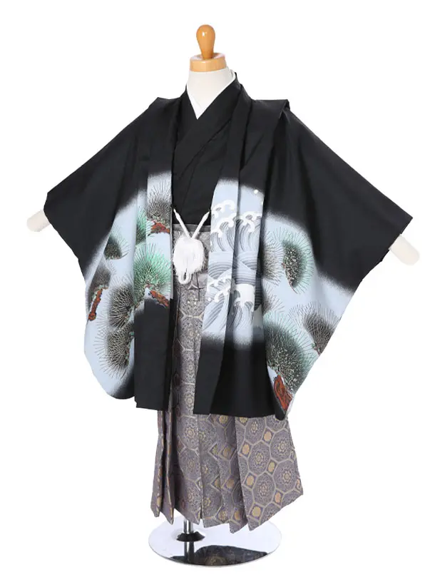 かんたん着物七五三（3歳4歳男袴）レ342黒兜と龍に松太鼓軍配