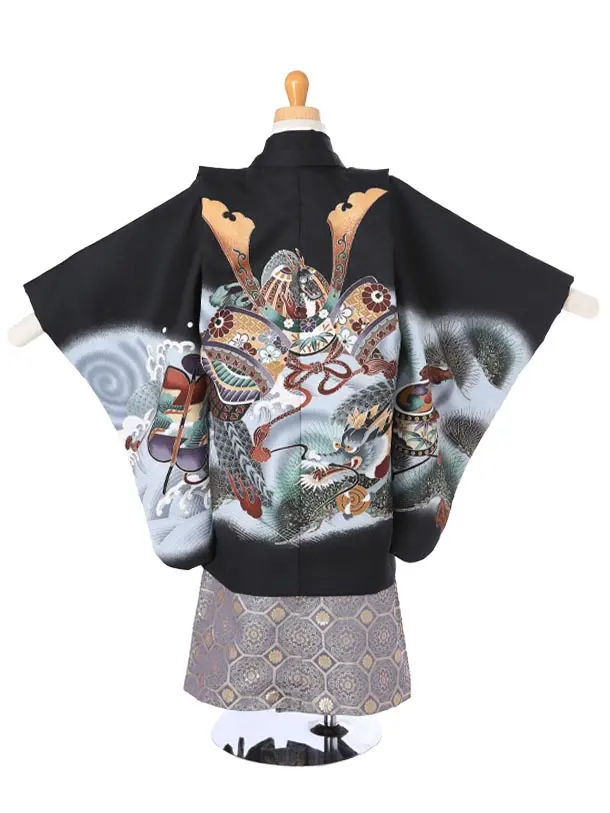 かんたん着物七五三（3歳4歳男袴）レ342黒兜と龍に松太鼓軍配