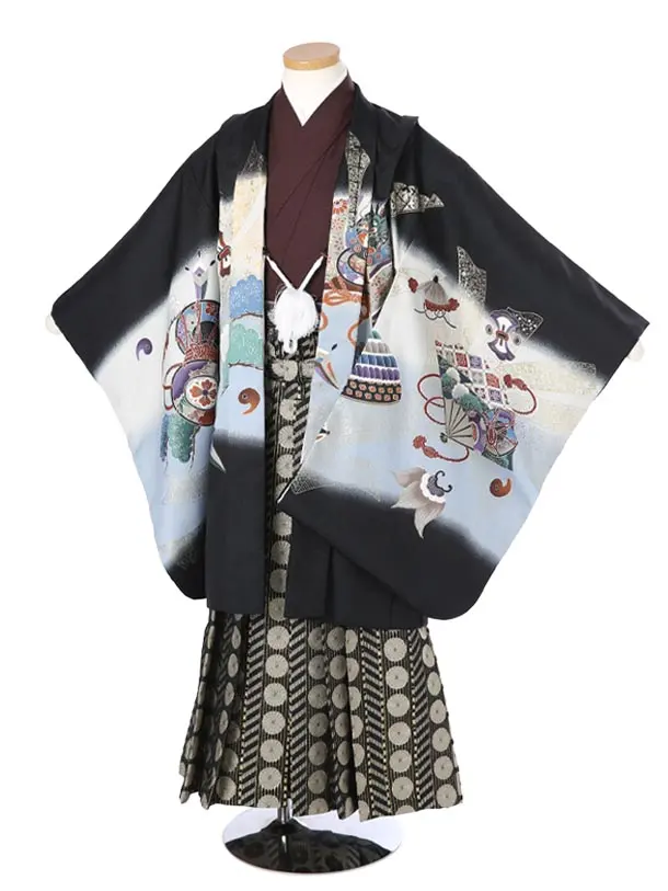 かんたん着物七五三（7歳男袴）レ343黒兜鷹に扇太鼓鼓