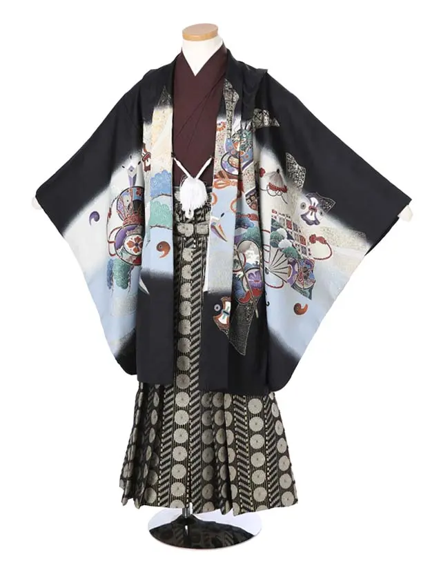 かんたん着物七五三（7歳男袴）レ343黒兜鷹に扇太鼓鼓