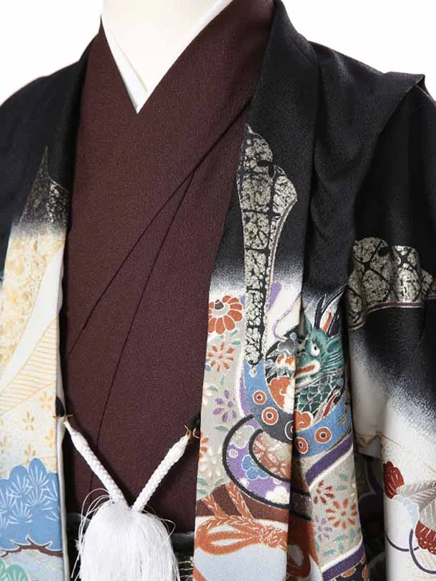 かんたん着物七五三（7歳男袴）レ343黒兜鷹に扇太鼓鼓