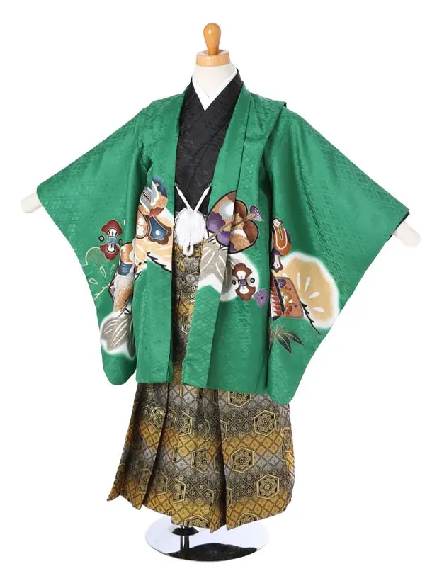 かんたん袴七五三（4歳5歳男袴）レ344緑菱形兜に太鼓軍配