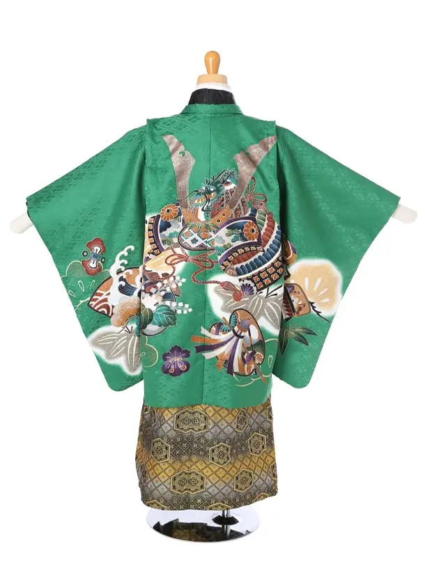 かんたん袴七五三（4歳5歳男袴）レ344緑菱形兜に太鼓軍配