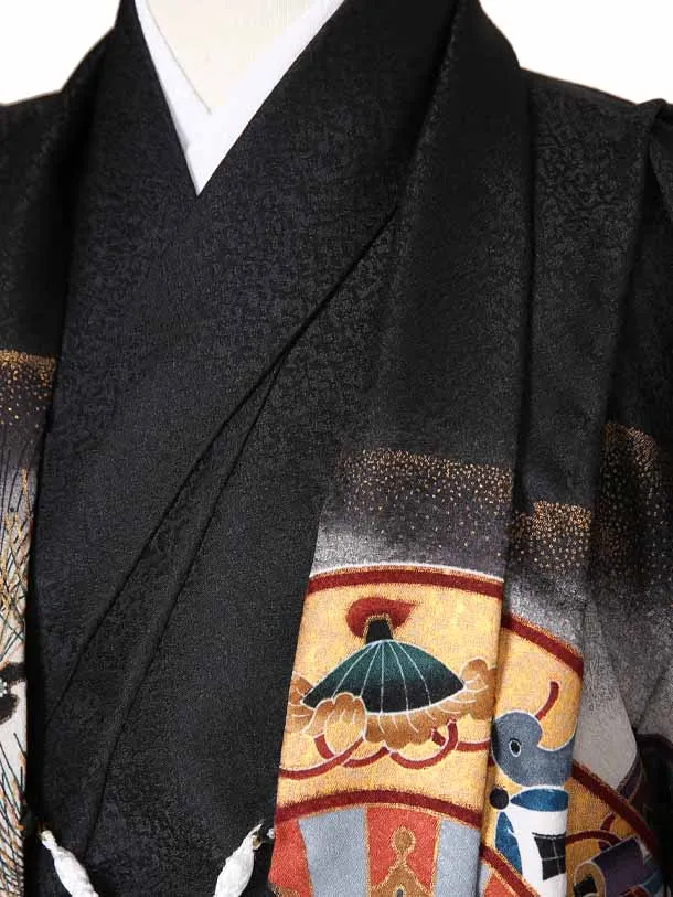 かんたん着物七五三（5歳袴）レ356黒地に兜と生駒に松