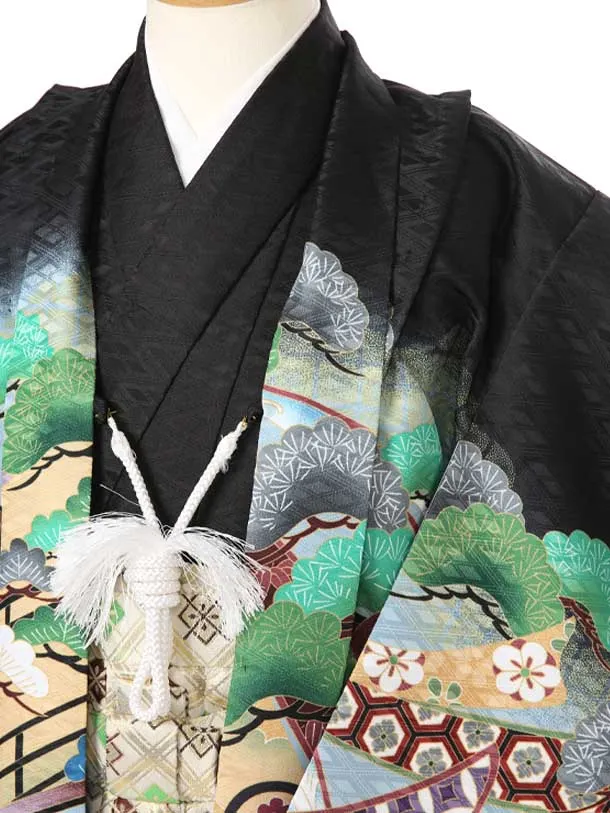 かんたん着付け七五三（3歳4歳袴）レ358黒菱地鷹に熨斗目松/Ｋ-13金グリーン